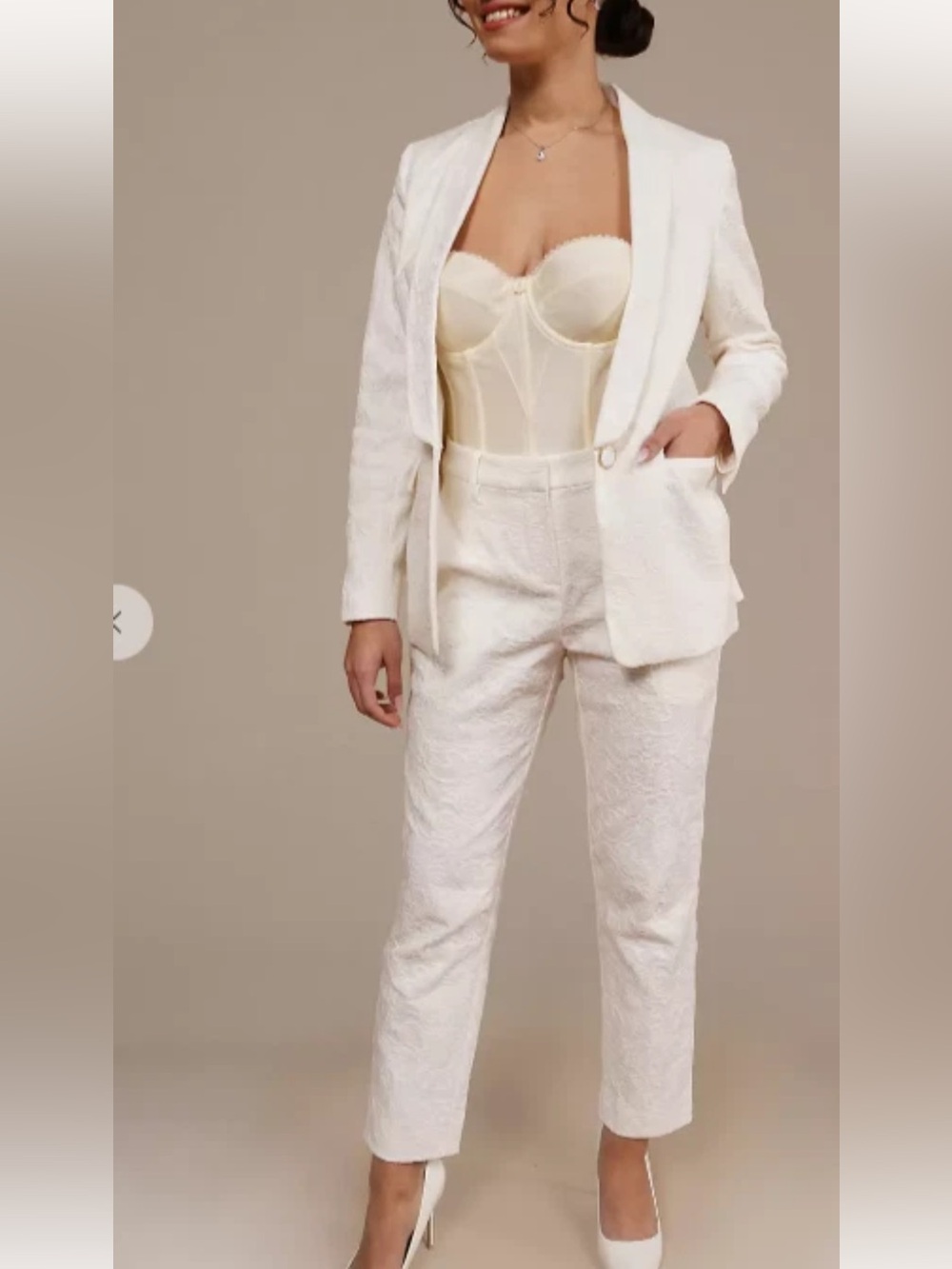 Davids Bridal Wildfang Womens XL Lace Tux Blazer Cropped Lace Pants Ivory Suit
